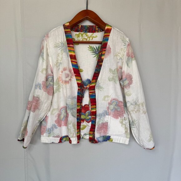 Chico's 100% Linen Ivory Water Color Floral Tie Front Long Sleeve Top Size M - Picture 10 of 13